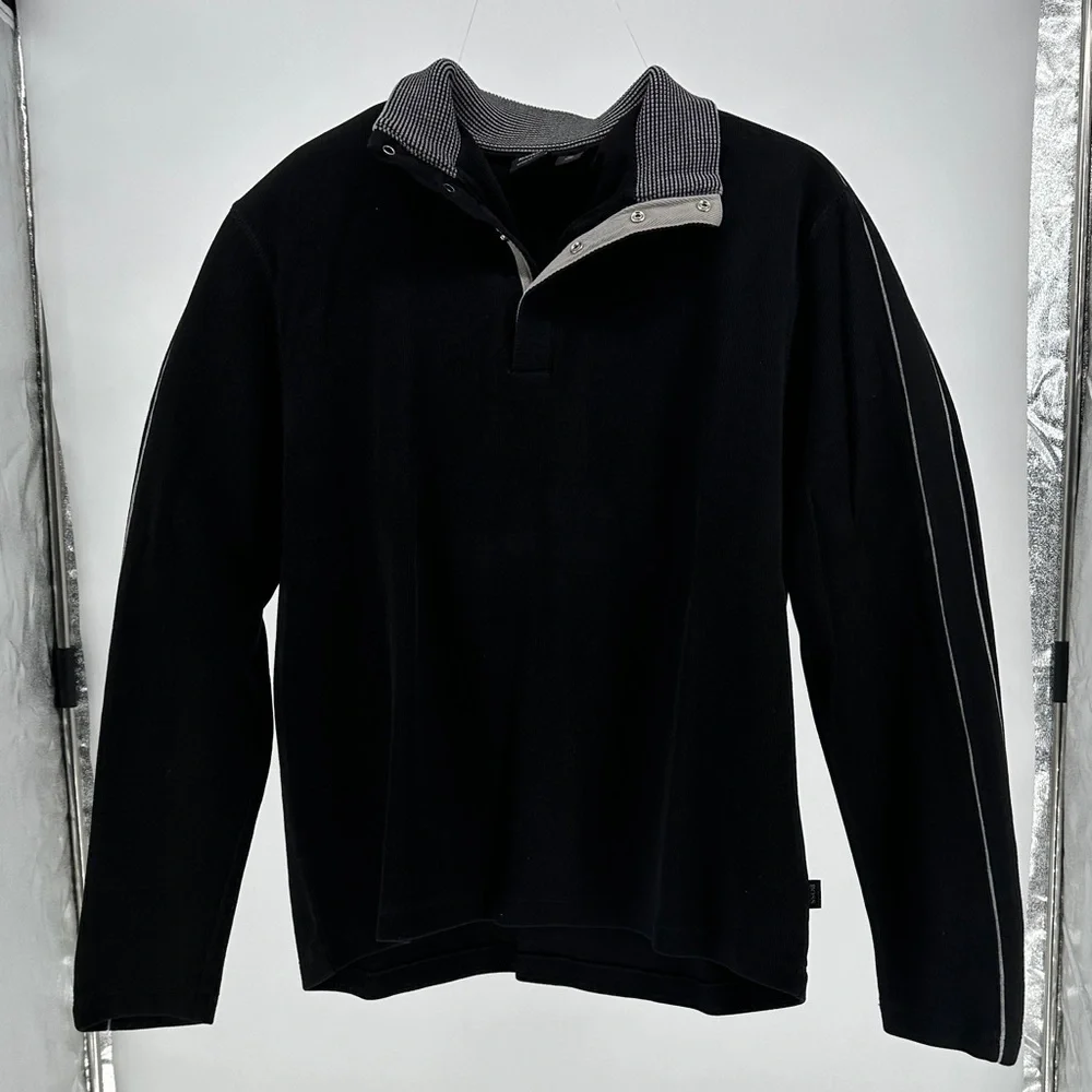 Hugo Boss Black Button-Up Sweater with Striped Collar